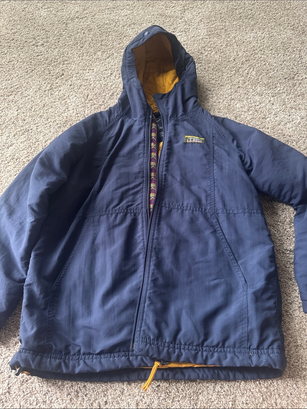 L.L. Bean Navy Blue Kids Hooded Jacket with Mustard Lining